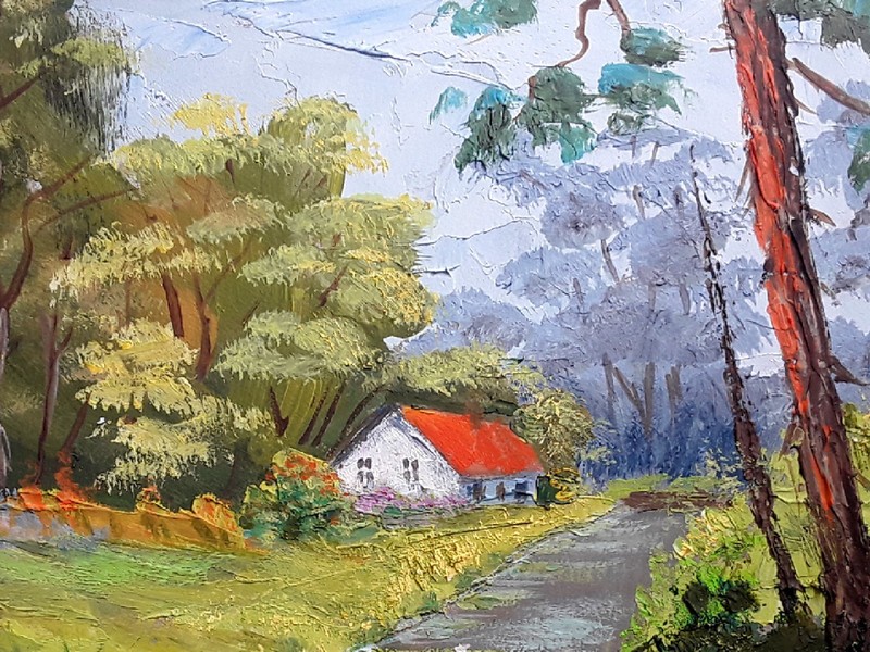 Original Oil Painting Cottage Artwork River Pine Trees Painting 8x10in