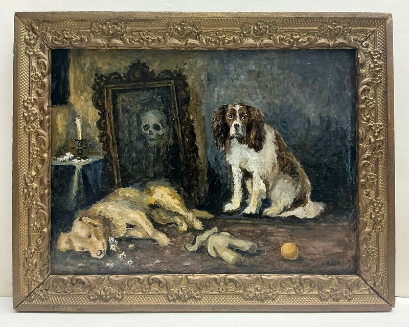 Memento Mori Vanitas A.GATA Painting The End of the Game Spaniel Dog [1296AG]