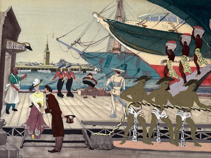 Antique Painting Nautical Ship Workers Saloon Coast Beach Marina Port Navy Dock