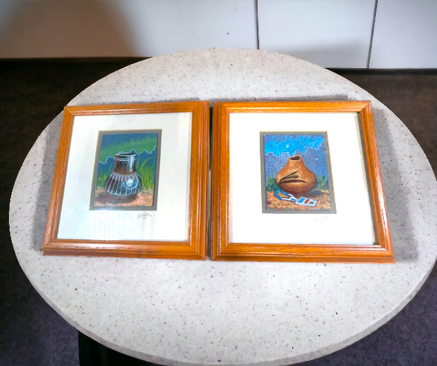 Pair Native American Pottery Southwest Painting Signed Spencer 1998 Framed VTG