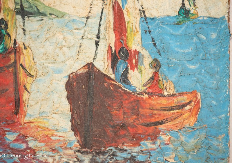 Mid Century Impasto Painting of Twin Red Sailboats Signed "G. Joseph" 15x10" gallery