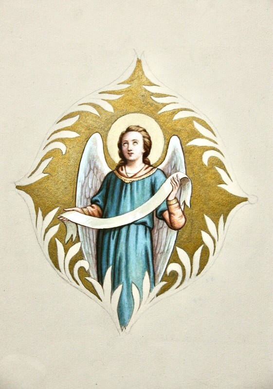 Angel with ribbon against gold background in ornamental cartridge, gouache, 19th century gallery