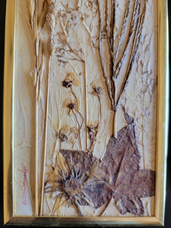 Super Groovy Framed Dry Flowers 2pc Signed Artwork 1970s Home Decor Wheat Gold  gallery