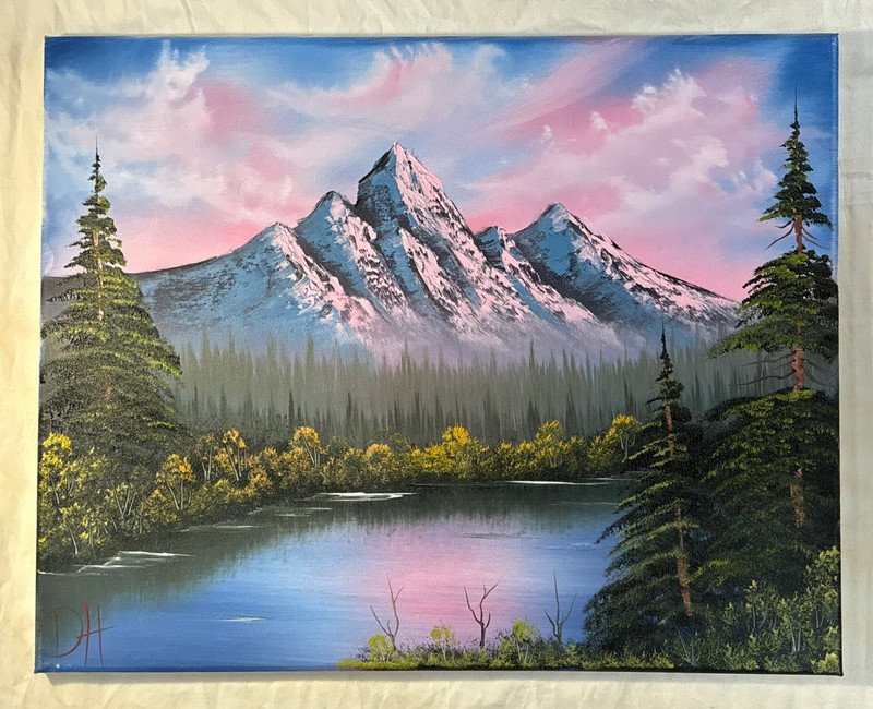 Mountain Cabin Scene Bob Ross Wet-on Wet Style Oil Painting Canvas DH 63S21 gallery
