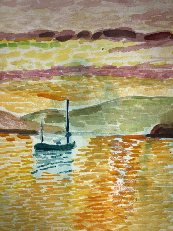 Blue Boat in Yellow Water Impressionist Seascape W/C-1970s-Israel Louis Winarsky gallery