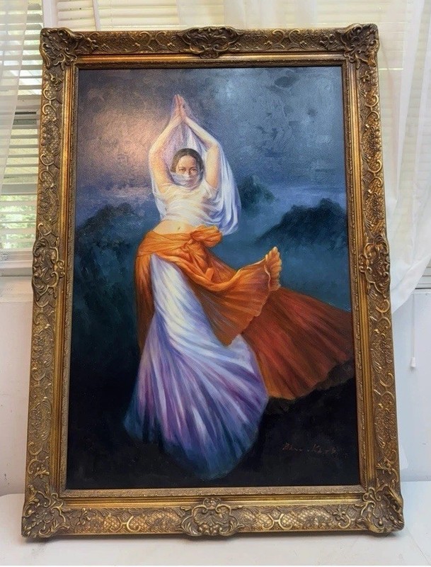 Original Signed Oil Painting by B. Kirk – Elegant Woman Dancer – Ornate Frame