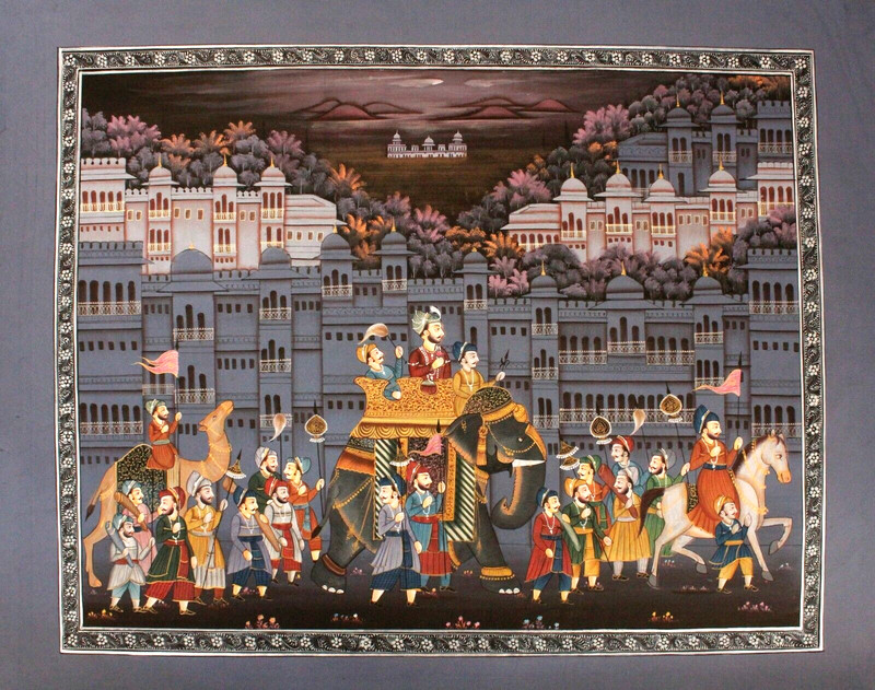 Handmade Indian Painting A Rajput King Procession Art On Silk Cloth 22×18 Inches