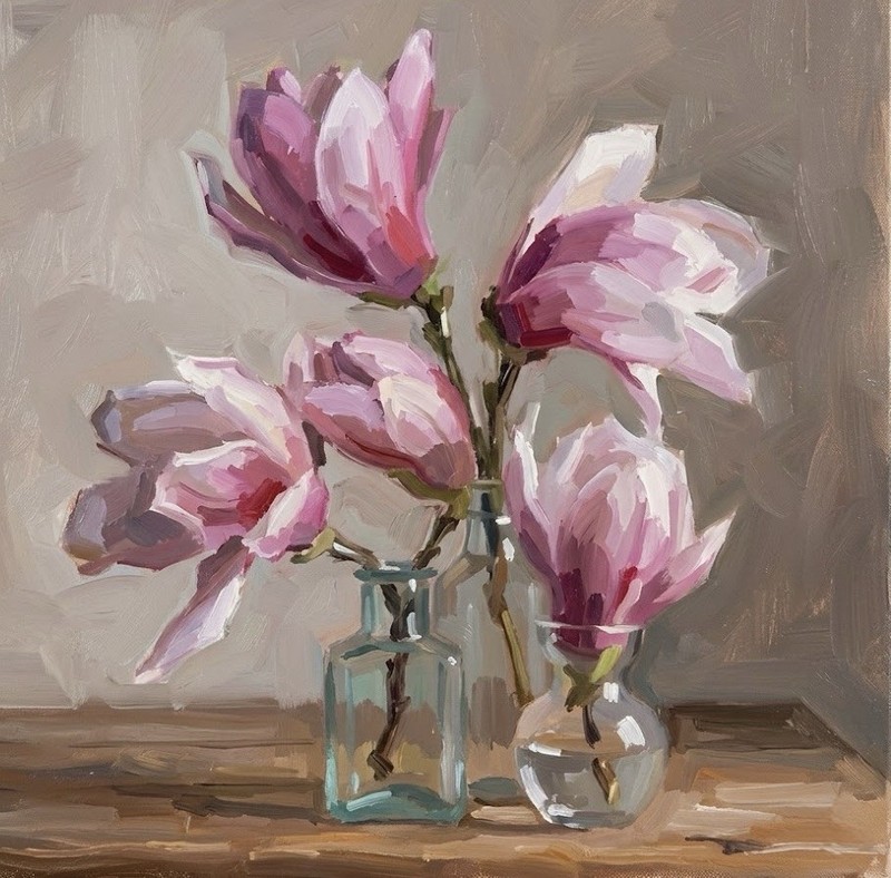 Oil Painting Original Still Life OOAK Art Home Deco Gift 12”x12” Real Magnolias