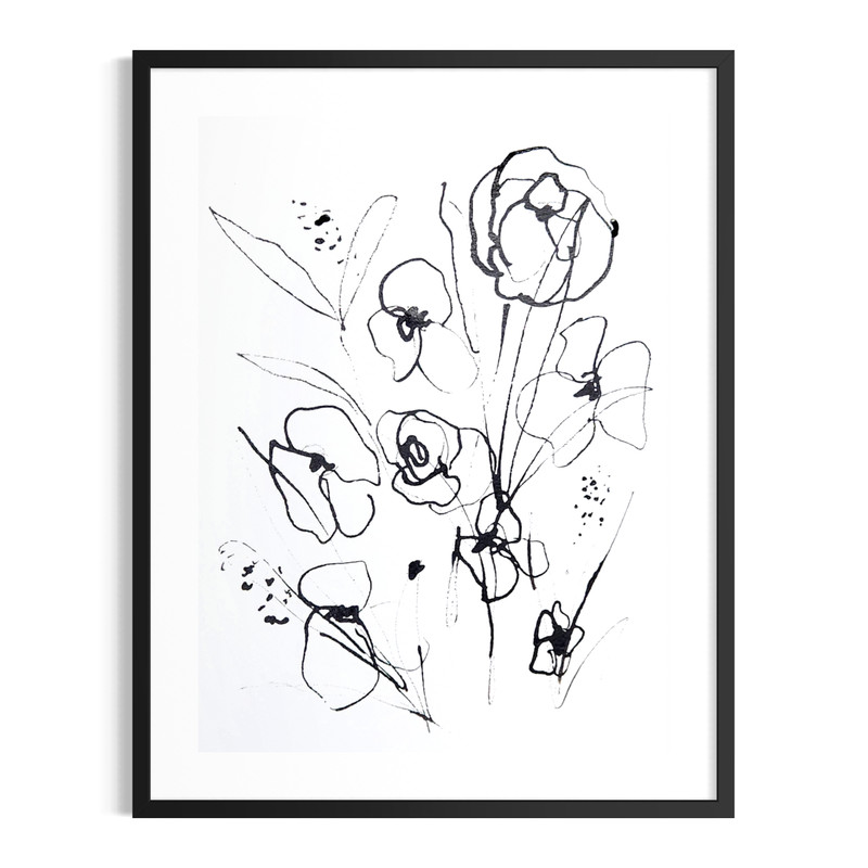 Original Minimalist Flowers 9×12 Painting Acrylic Ink Black White Wall Art Paper