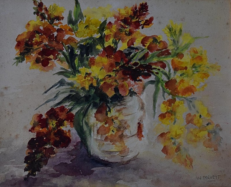 STILL-LIFE WITH COUNTRY GARDEN FLOWERS IN A VASE WATERCOLOUR W TREVETT c1940s