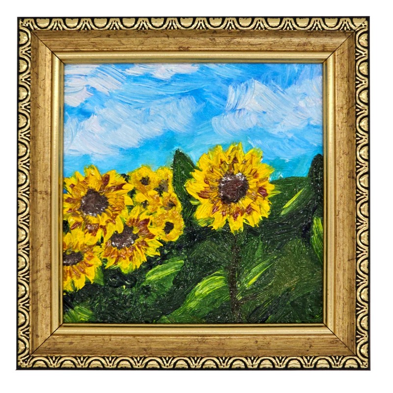 Original Oil Painting 4×4 in Framed Sunflowers Wildflowers Impasto Art