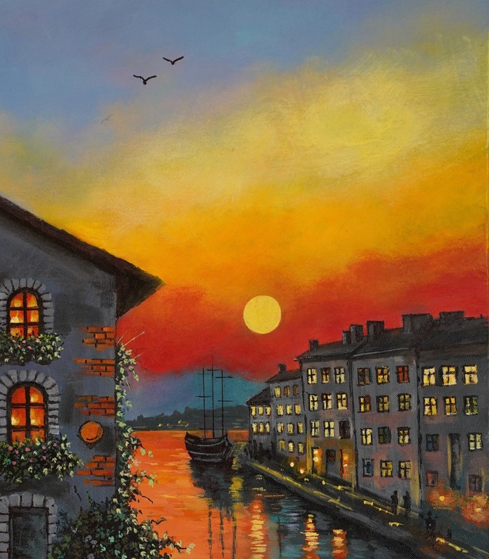 Signed Original Canal Cityscape Acrylic Painting – Sunset River on Canvas gallery