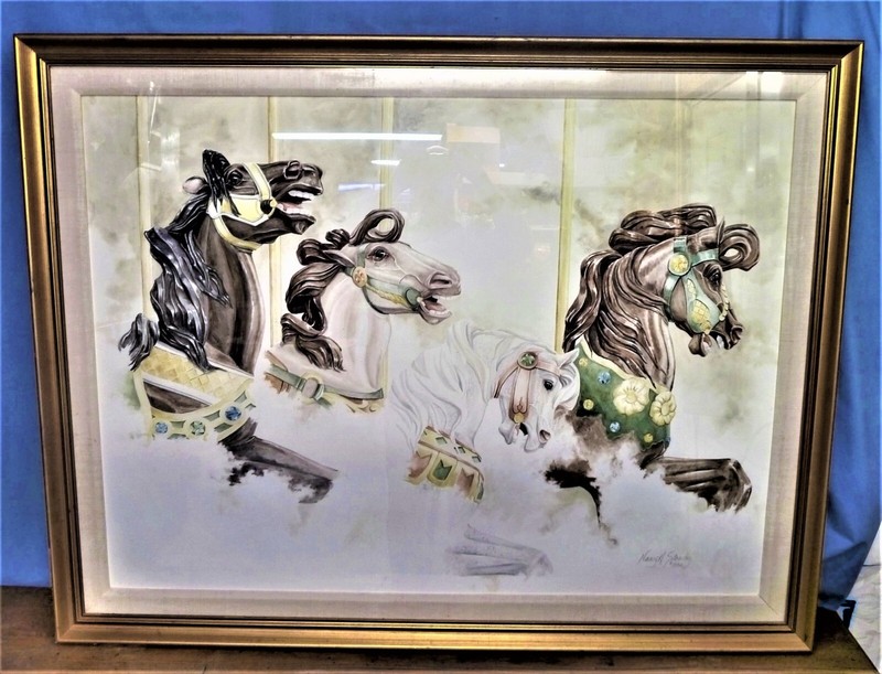 Carousel Hershey Park Horses Framed Watercolor, Nancy Strailey, 32×44, STUNS!