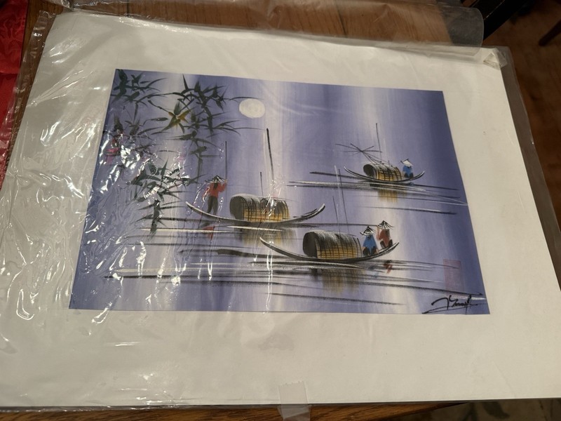 Vintage Vietnamese Seascape Boat Moonlight Watercolor On Silk Hand Painted