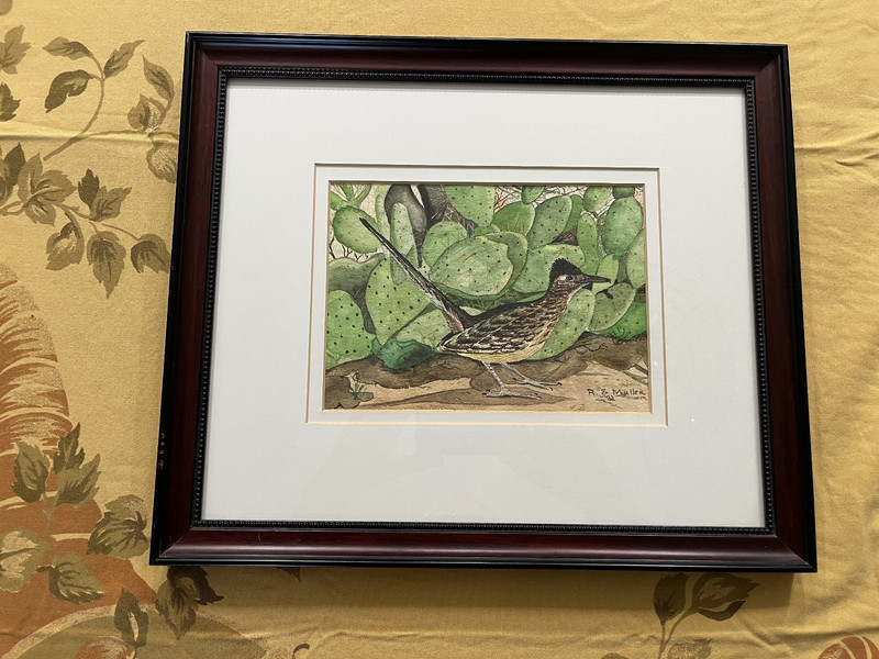 Original 1972 R. E. Mullen Roadrunner & Prickly Pear Cactus Watercolor -Signed