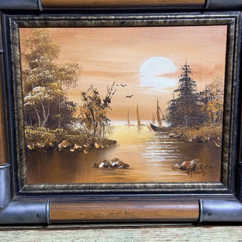 Oil Painting Signed T Travis Lakeside River Sailboats Seascape Framed Nautical gallery