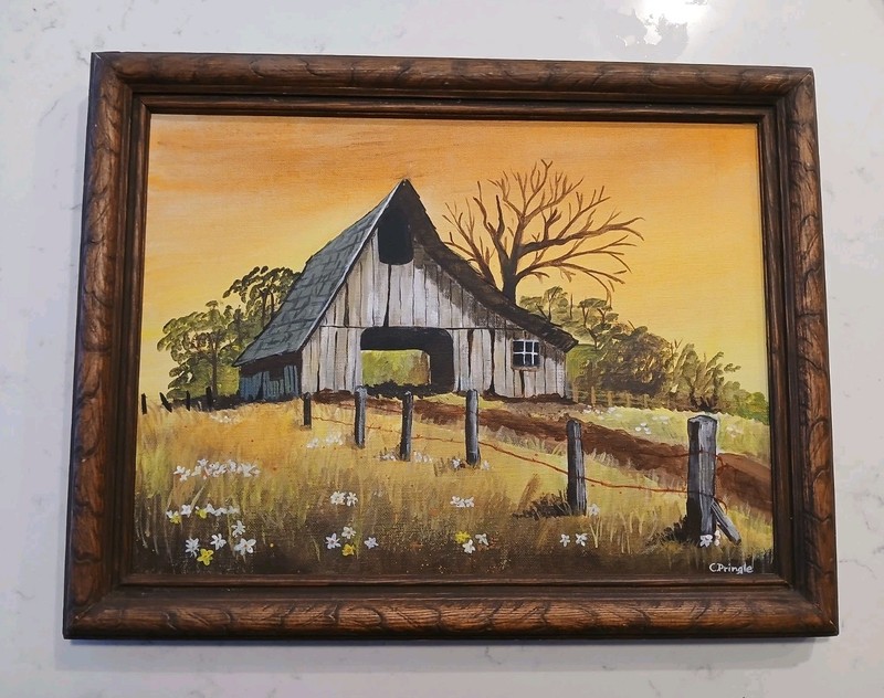 Vtg. 1970’s Painting Rustic Moody Farm Barn Landscape Signed C. Pringle 14″x18″