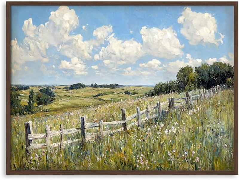 Framed Vintage Spring Meadow Oil Painting – 32″x24″ Wall Art for Farmhouse Decor