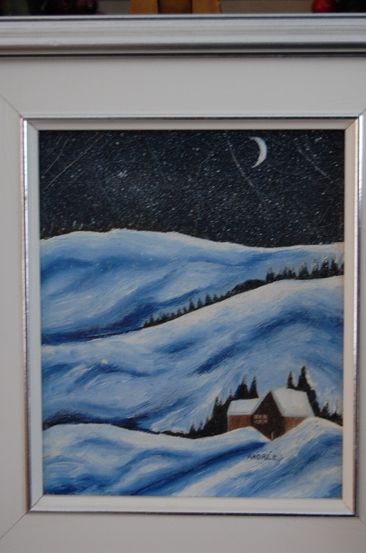 VTG FRAMED ORIGINAL FOLK ART STYLE OIL WINTER NIGHT COUNTRY SCENE ARTIST: ANDREE gallery