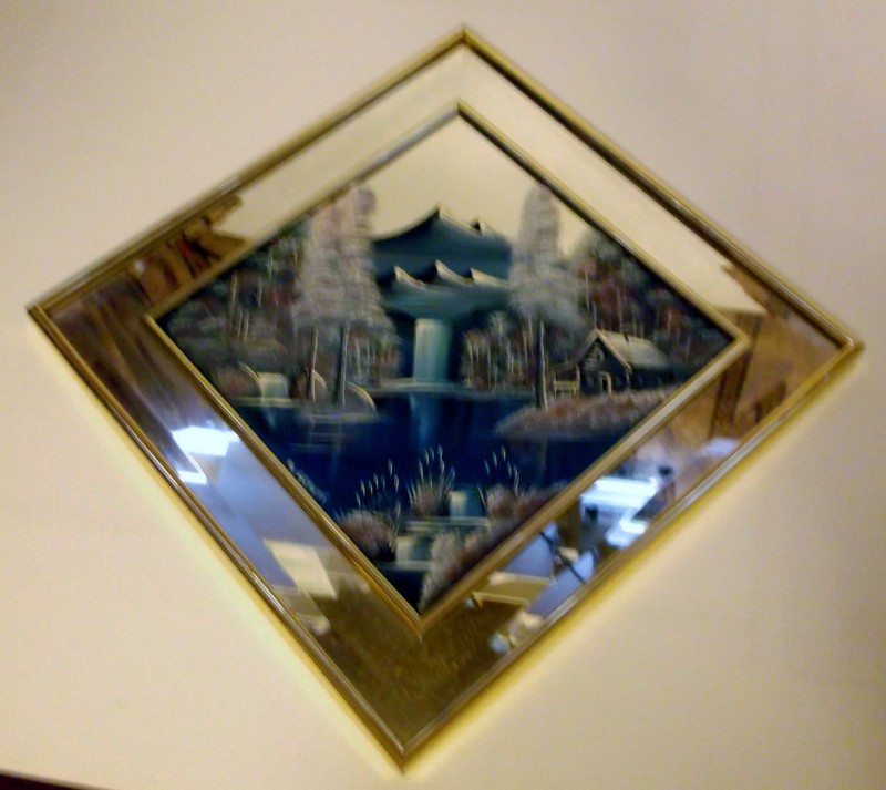 Rare "Winter Scene Lake Cabin Mountains" Original Painted on Mirror-W.Clemons gallery