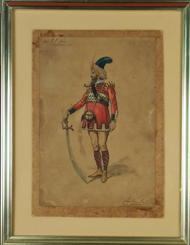 THEATER FIGURINE. LUIS LABARTA. INK AND WATERCOLOR DRAWING. 1887.
