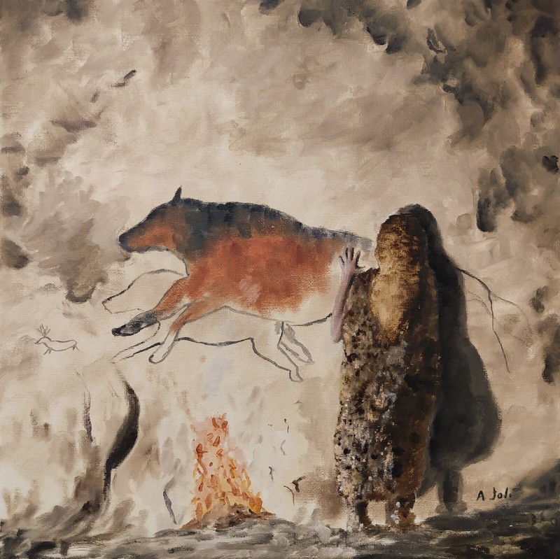 Oil Painting Prehistoric Woman making Cave Drawing Wolf Animal Art A. Joli