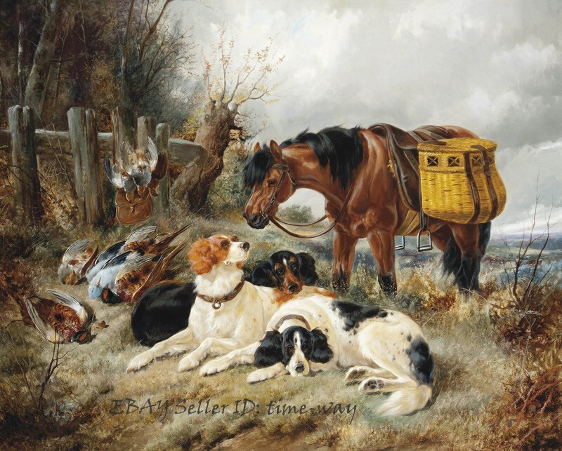 Hound Dog and Horse Oil painting Wall art Giclee Printed on Canvas P2259