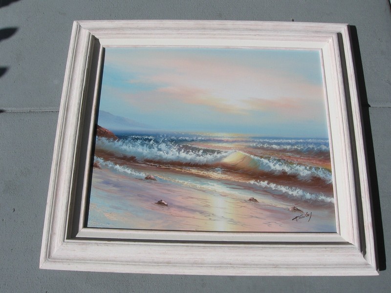 Oil on Canvas Painting Seascape Framed Sunset on Beach Carmel CA, by Tom Gorley