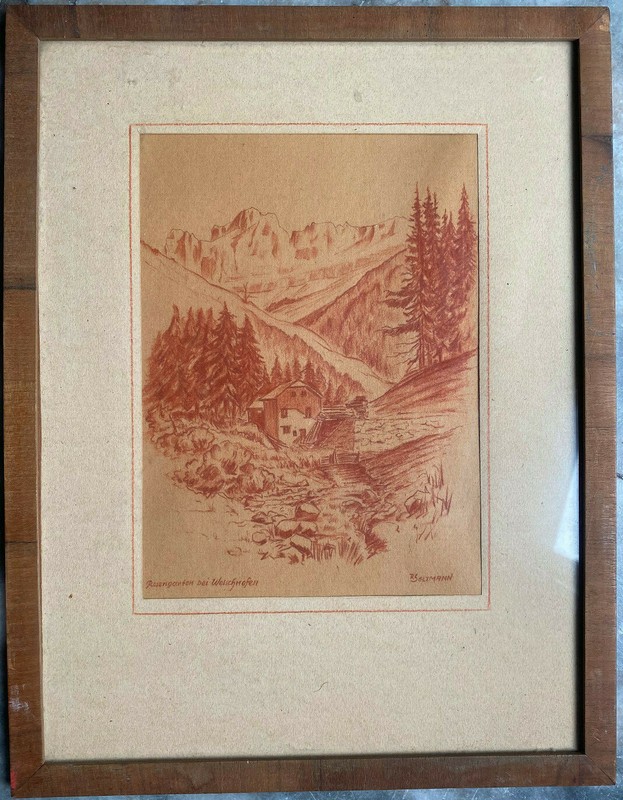 Rosengarten at Welschnofen Dolomites Red Drawing R. Seltmann Alps Sign