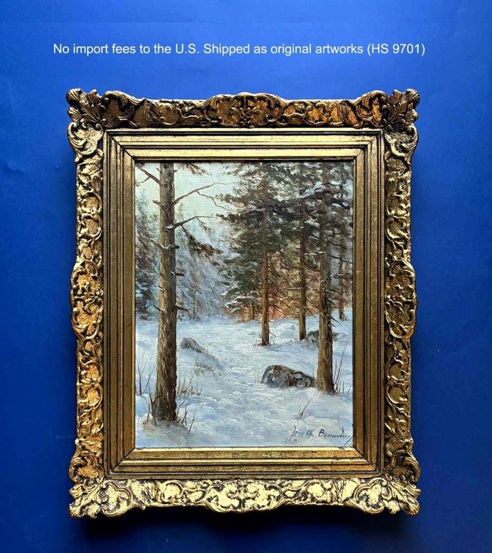 Jens Bennedsen (1893) Fine Winter Pine Forest Oil – 1940s – Gilt Frame – COA