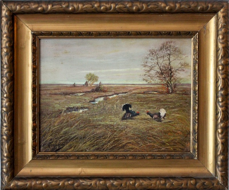 20th Century Oil Painting of Chickens on the Farm Landscape Signed P. Mockek