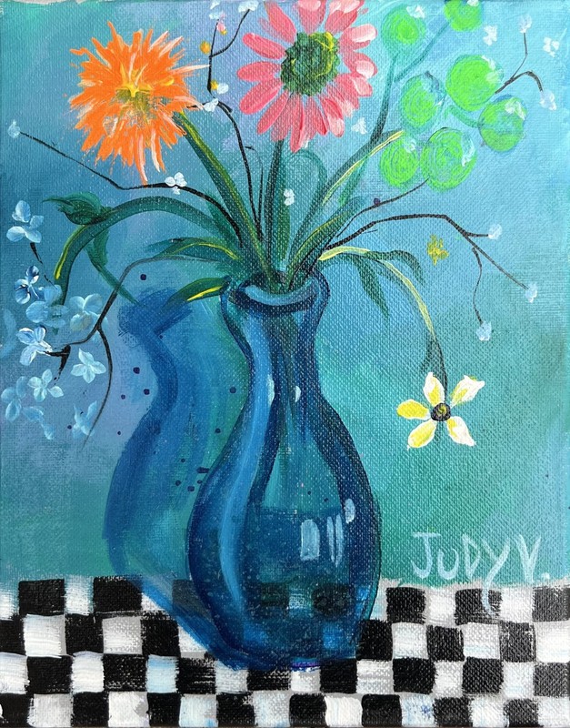 Blue Bud Vase with Flowers and Checkered Table Cloth