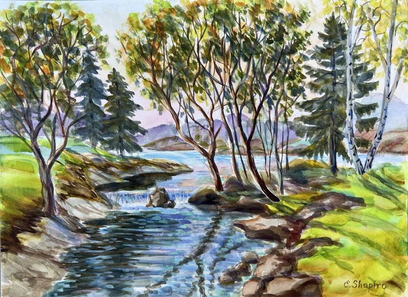 Hand Painted Landscape Stream In The Woods Watercolor Painting 9×12 Wall Art