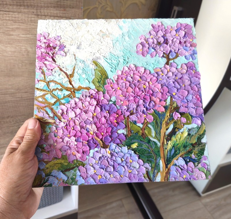 Flowers Original Oil Painting on Panel 10x10in Hydrangea Impasto Art Signed gallery