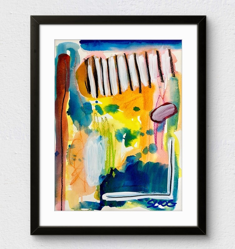 Sloog Original Art Colorful Abstract Wall Art Painting on Paper 9×12 Fun Shapes