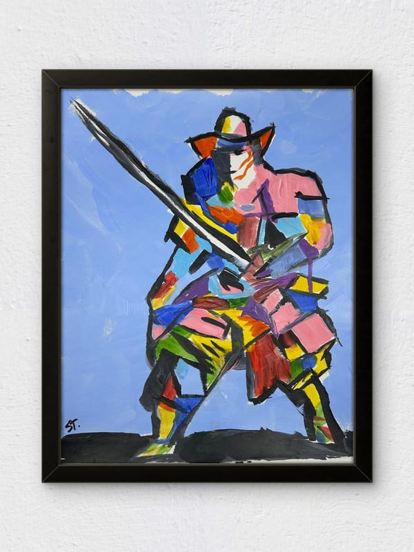 Original Cubist Samurai Abstract Wall Art Acrylic Signed STerling Paper 11×14