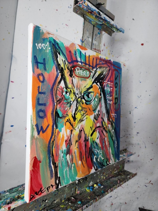Original Abstract Owl Painting Canvas Neo Expressionist Fine Art Decor 12x12 gallery