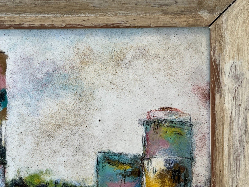 VINTAGE MID- CENTURY " WHARF SCENE" ENAMEL on COPPER PLAQUE PAINTING. SIGNED gallery