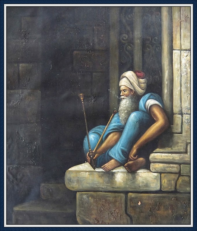 Large Moroccan Original Painting Canvas Old Man Smoking Unframed. gallery