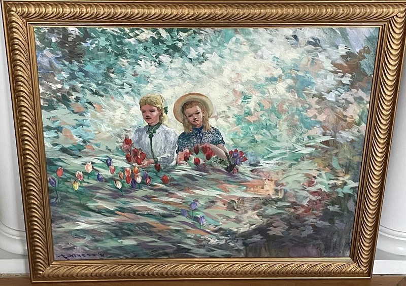 Norfolk VA Artist Tom Fentress, Impressionism Painting, Sisters, 30” x 24”