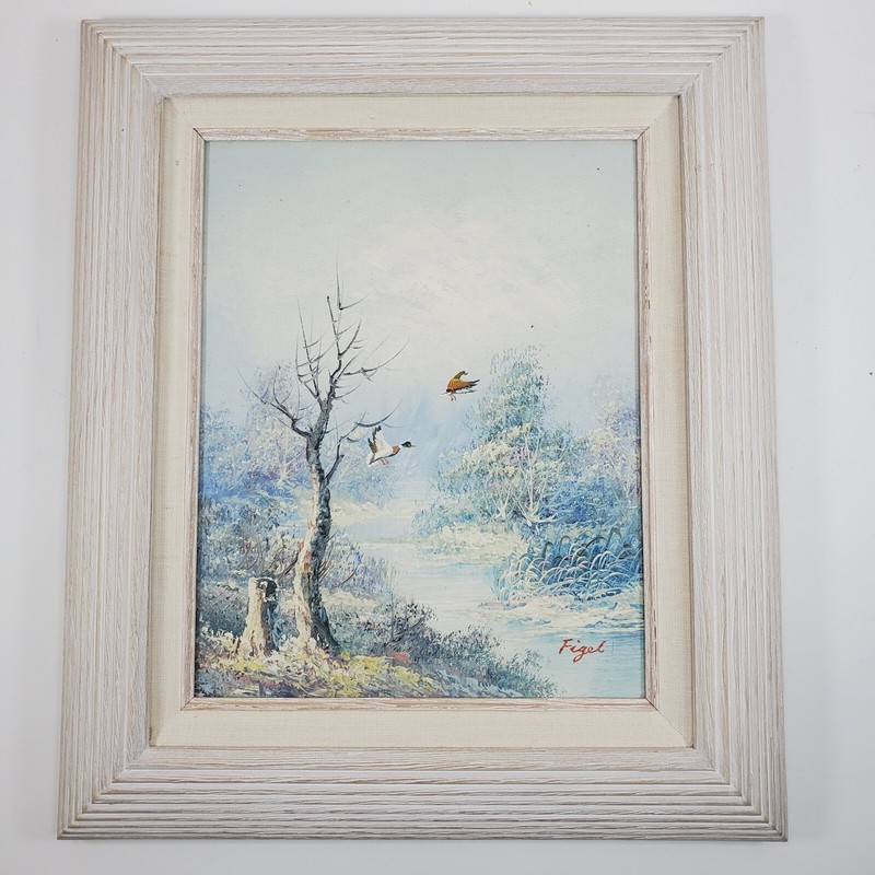 VTG Oil Painting Scenary & Ducks Signed Figel in Off White Wood Frame 14″ x 12″