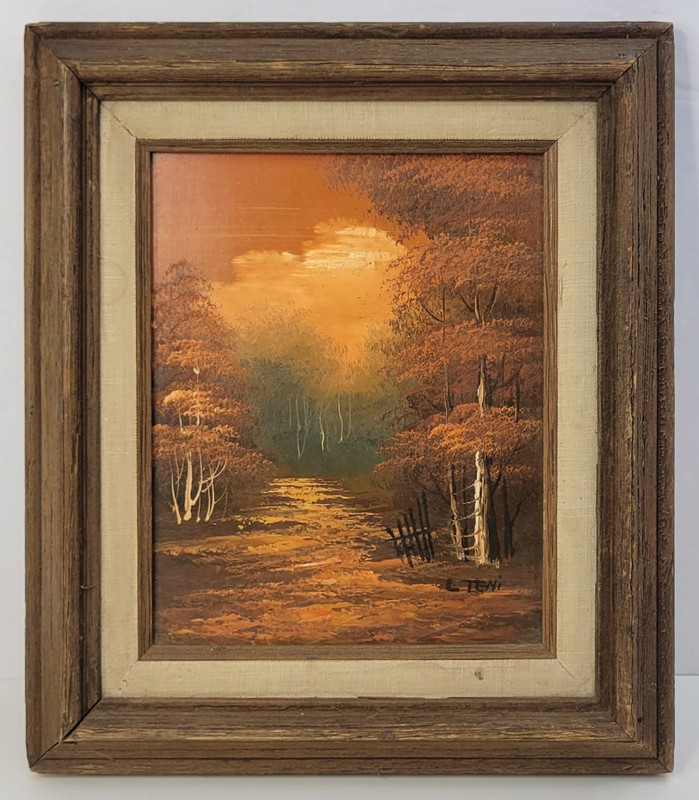 Mid Century Signed L. Teni Autumn Fall Forest Landscape Oil Painting 15″x 13″