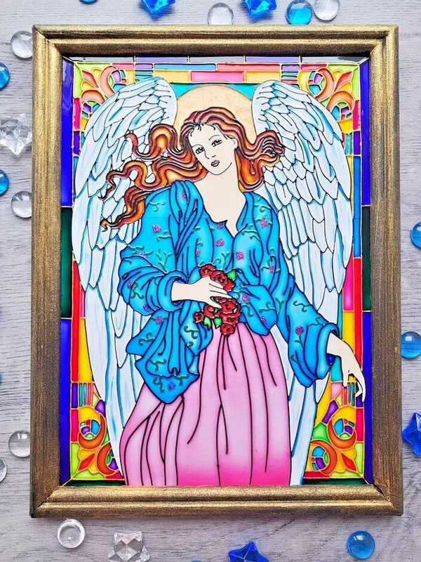 Stained Glass original painting Guardian Angel Сhristening gift Heavenly helper