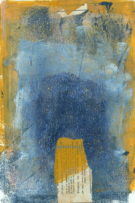 Going Places, Blue and Gold Abstract Collage Art, Small Original Artwork
