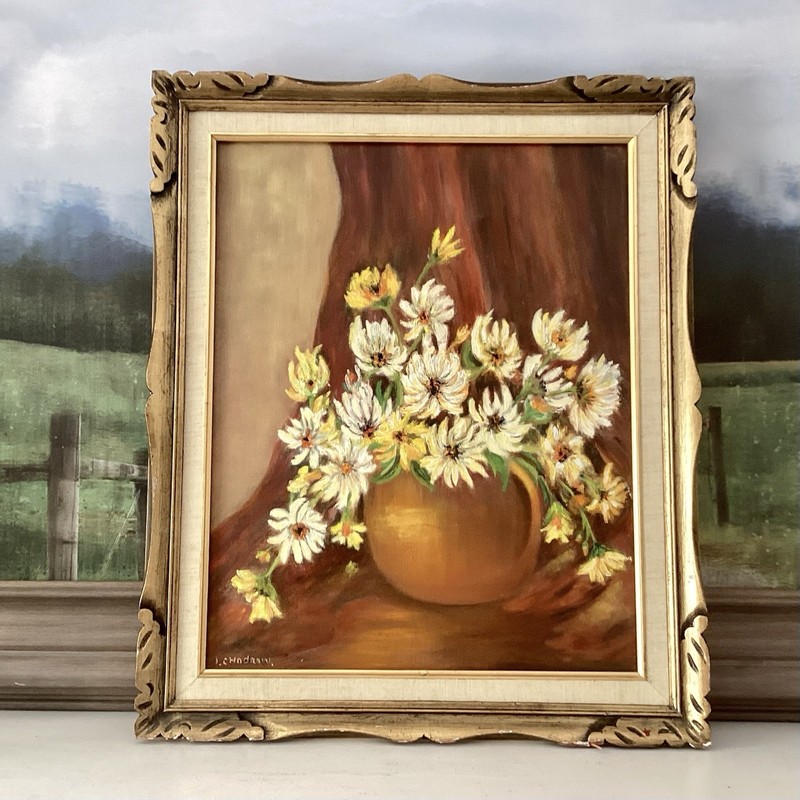 Vtg Original Large Painting On Canvas Framed Floral Daisies Gold Brown 24” X 20”
