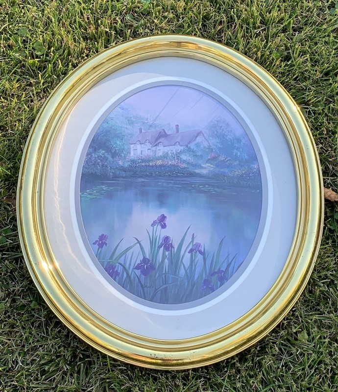 Vtg HISAKO Watercolor Style Print, Oval POND & Purple Lilies 22×18″,#3243,1985