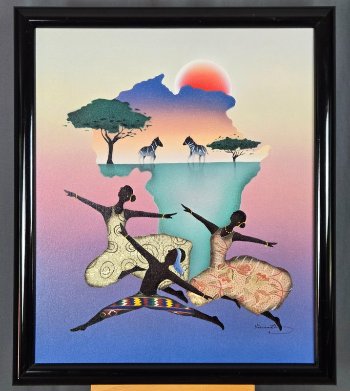 Africa Soul Dancing painting on canvas, signed Visconti ? with figures & zebras