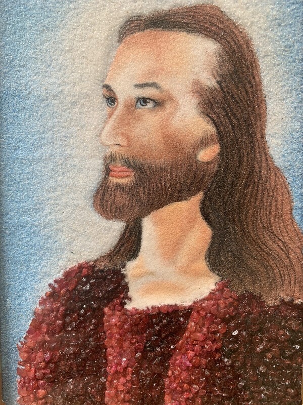 Hand Made Gemstone Painting Jesus Christ Real Precious Crushed Gems Framed Art gallery