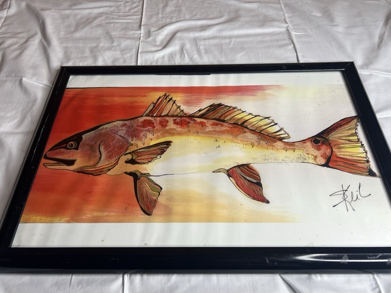 REDFISH ART FINE FRAMED SIGNED FLORIDA KEYS Fishing Saltwater See Pics