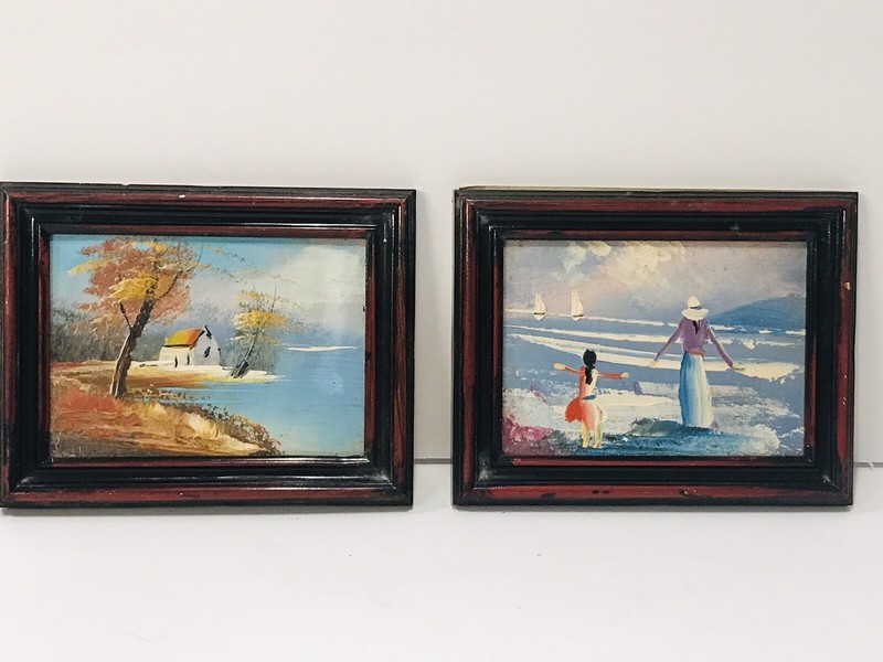 Vintage Small Oil Painting Set of 2 Framed Pictures 6”-4.5” Made in Italy